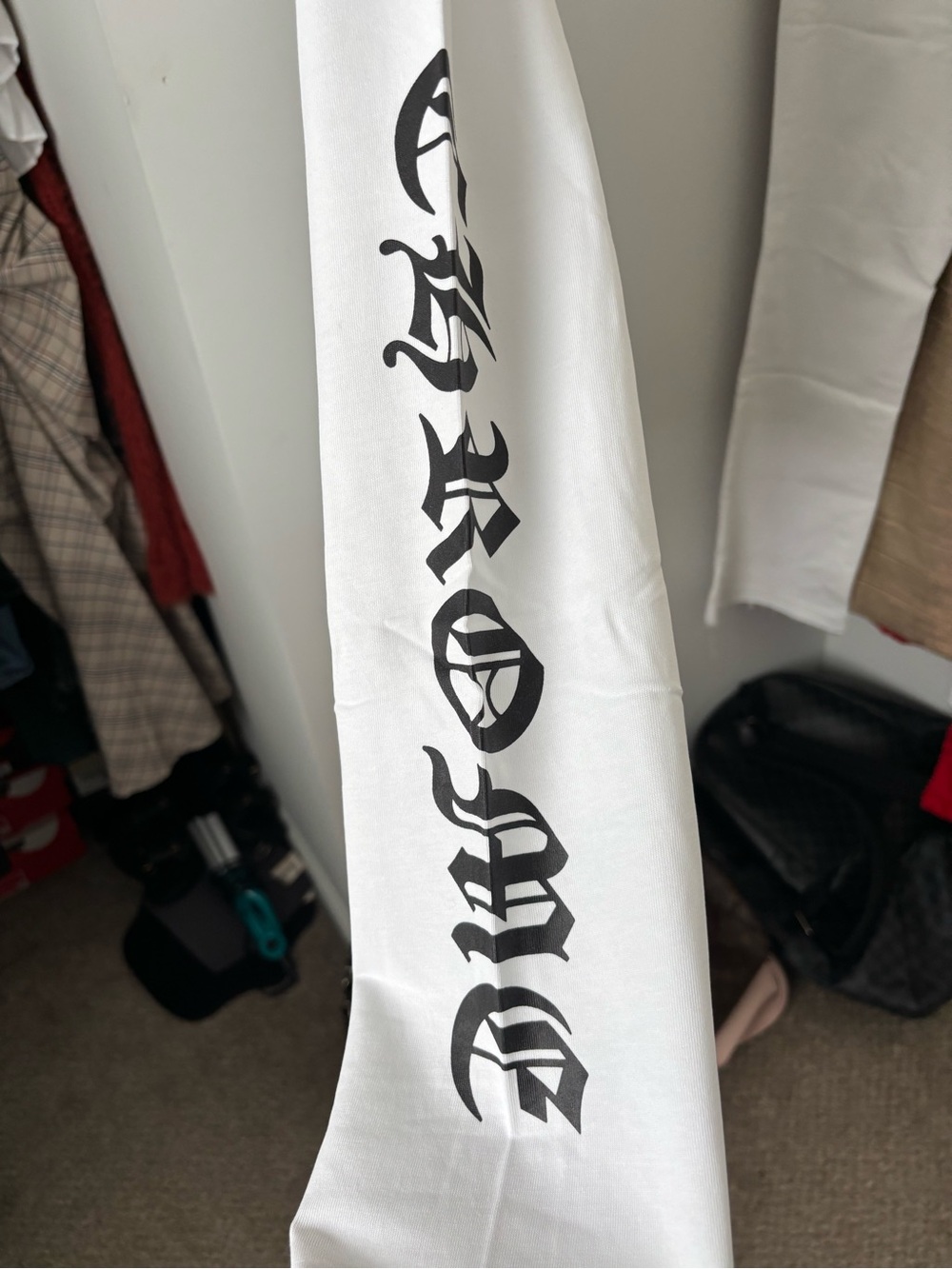Chrome Hearts White Long Sleeve Pocket Tee with Black Gothic Sleeve Print - Picture 3 of 6